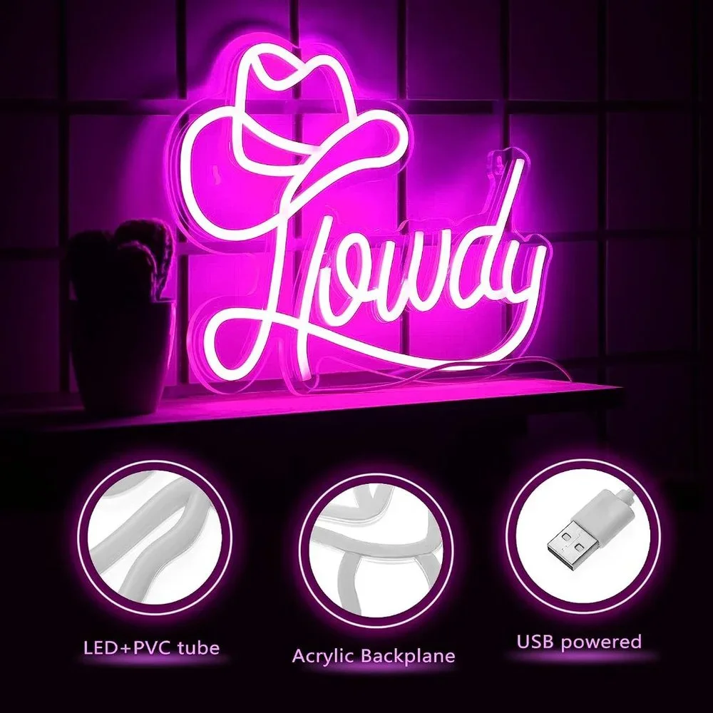 Howdy Cowboy/Cowgirl Neon Pink Sign Party Festival Southern Backyard Bedroom
